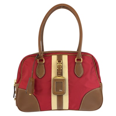 PRADA プラダ 三角ロゴプレート レッド ブラウン ゴールド金具 キャンバス レザー/ ハンドバッグ ボーリングバッグ 602203 【中古】