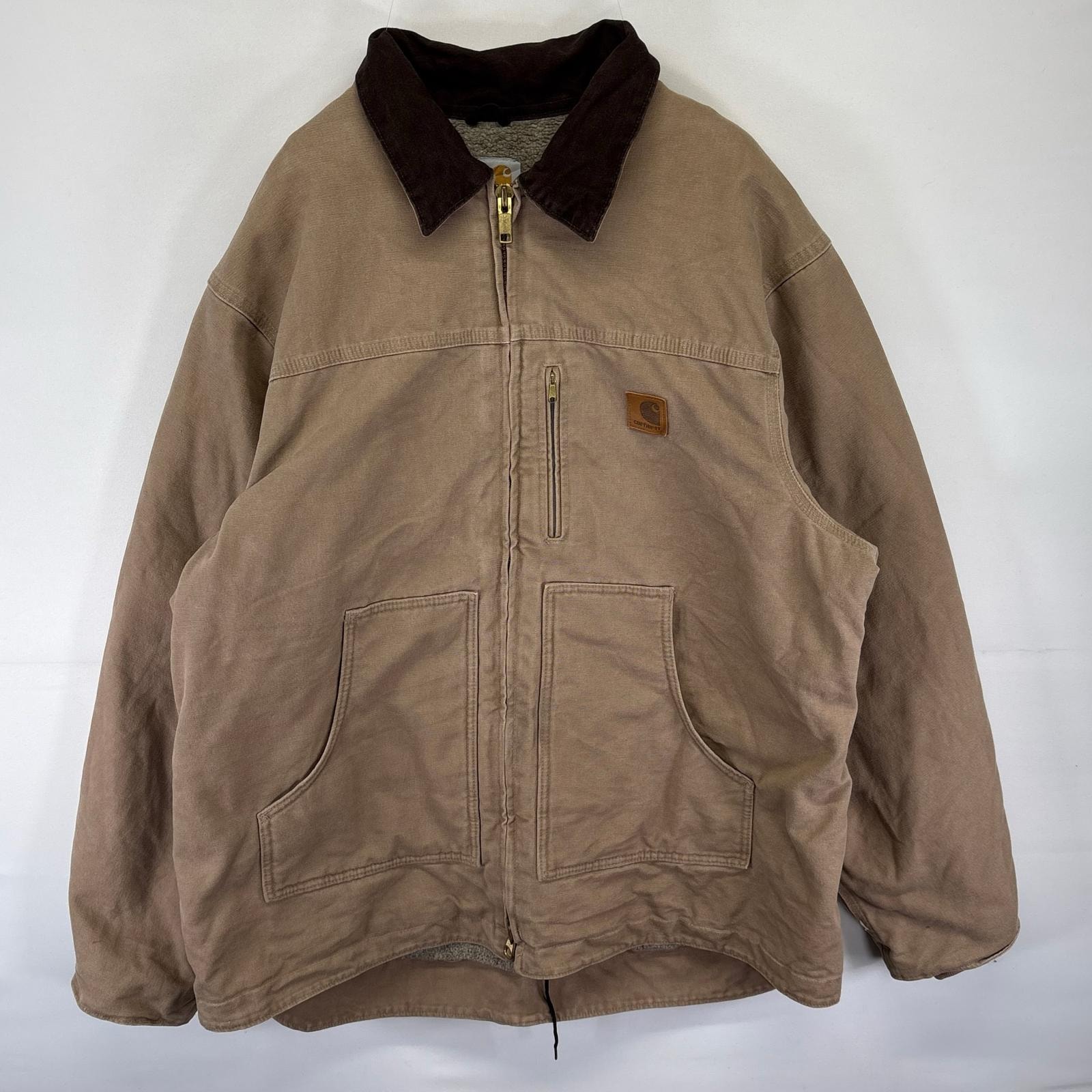 古着 カーハート Carhartt ダック ジャケット フルジップ Sandstone Ridge Coat デトロイトJKT 裏ボアライナー 2XL  ベージュ系 メンズ