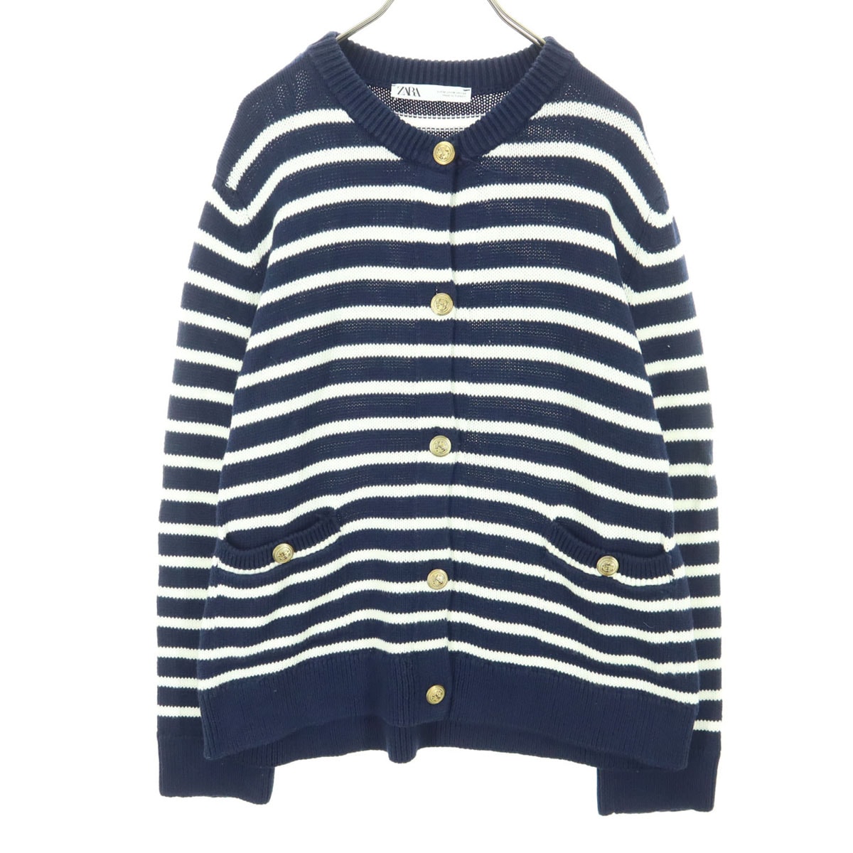 美品 ZARA ザラ ボーダー柄 長袖 コットン ニットカーディガン M ネイビー系