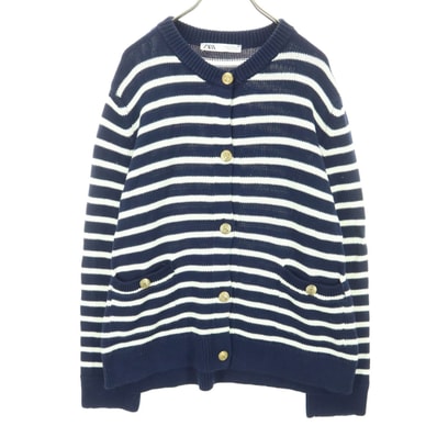 美品 ZARA ザラ ボーダー柄 長袖 コットン ニットカーディガン M ネイビー系