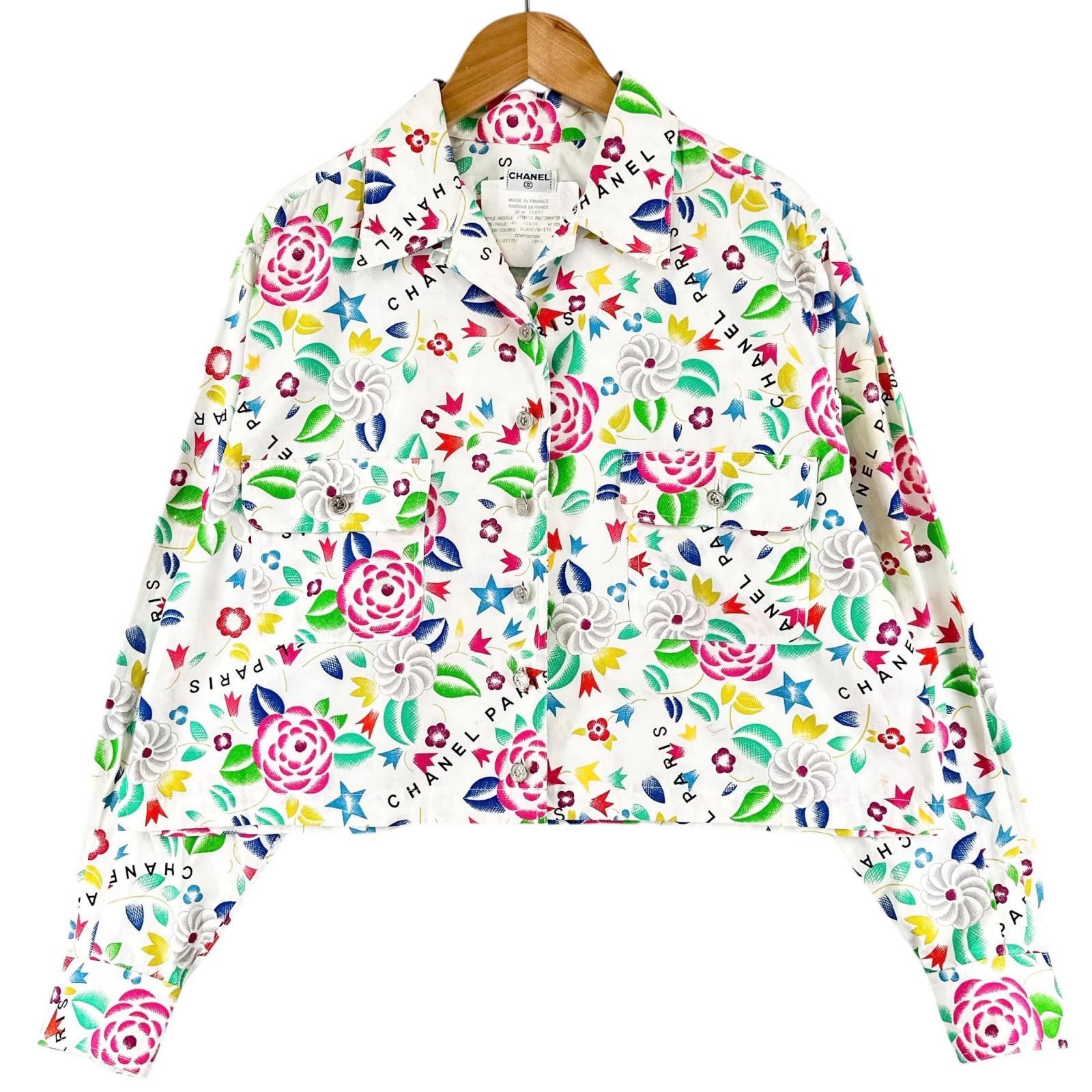 美品 CHANEL シャネル 総柄 春夏 SS 長袖シャツ コットン マルチカラー レディース 40 ココマークボタン ブラウス【古着】【中古】