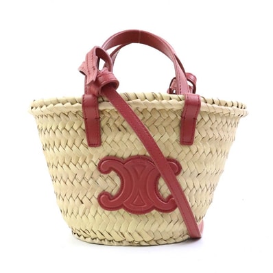 セリーヌ CELINE ショルダーバッグ カゴバッグ ミニトリオンフ パニエ ストロー/レザー ナチュラル/ピンク レディース【中古】 r11211k