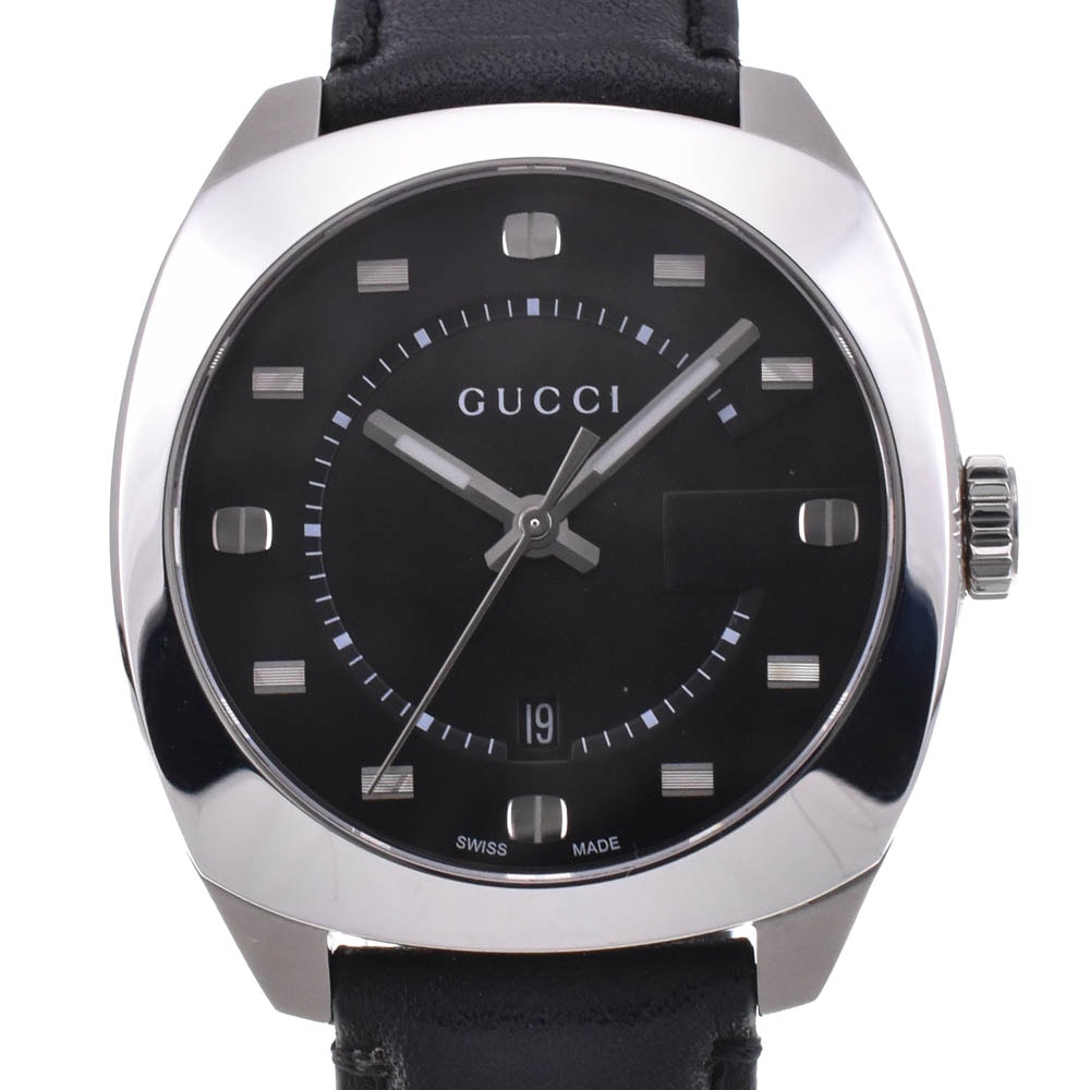 値下 グッチ GUCCI 142.3 デイト SS/レザー クォーツ メンズ M#142957