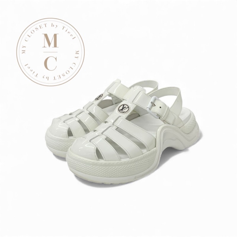 ルイヴィトン LOUIS VUITTON アークライトライン サンダル 靴 シューズ パテントレザー ホワイト 白 LVサークルロゴ ストラップ