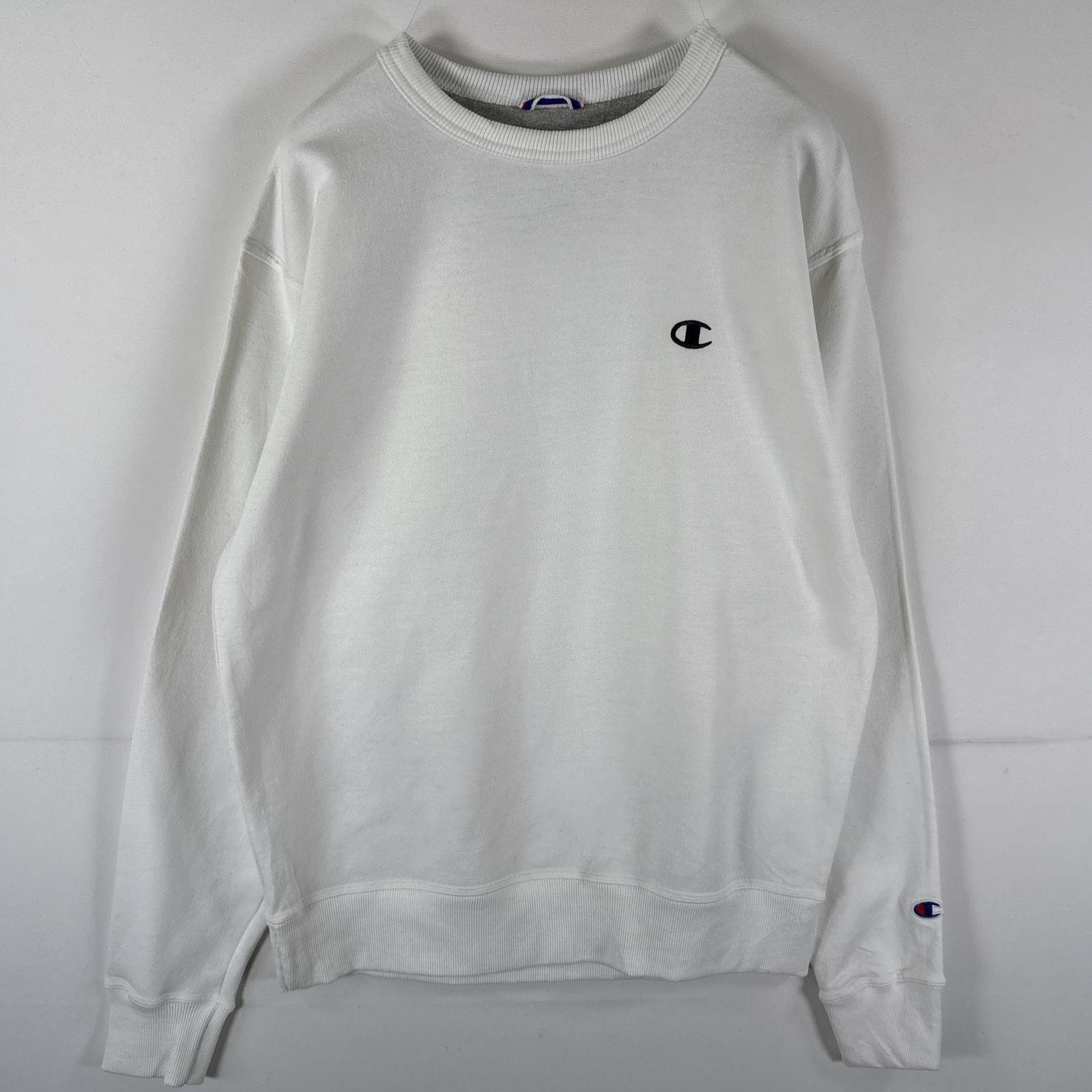 古着 チャンピオン Champion スウェット トレーナー ワンポイントロゴ刺繍 プルオーバー ワッペン クルーネック M  ホワイト メンズ