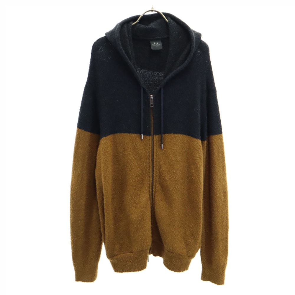 ARMANI EXCHANGE アルマーニエクスチェンジ バイカラー 長袖 ボア ジップパーカー L ブラック×ブラウン フワモコ