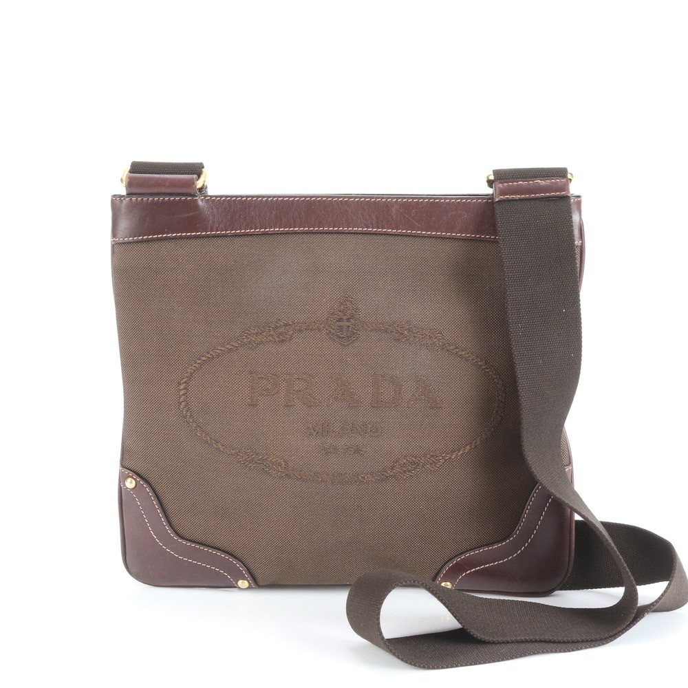 ■極美品 プラダ ロゴ ジャガードショルダーバッグ レザー×キャンバス