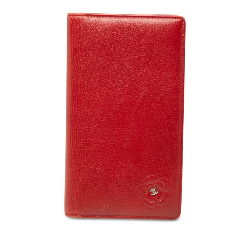 シャネル ココマーク カメリア 二つ折り 長財布 レッド レザー レディース CHANEL 【中古】