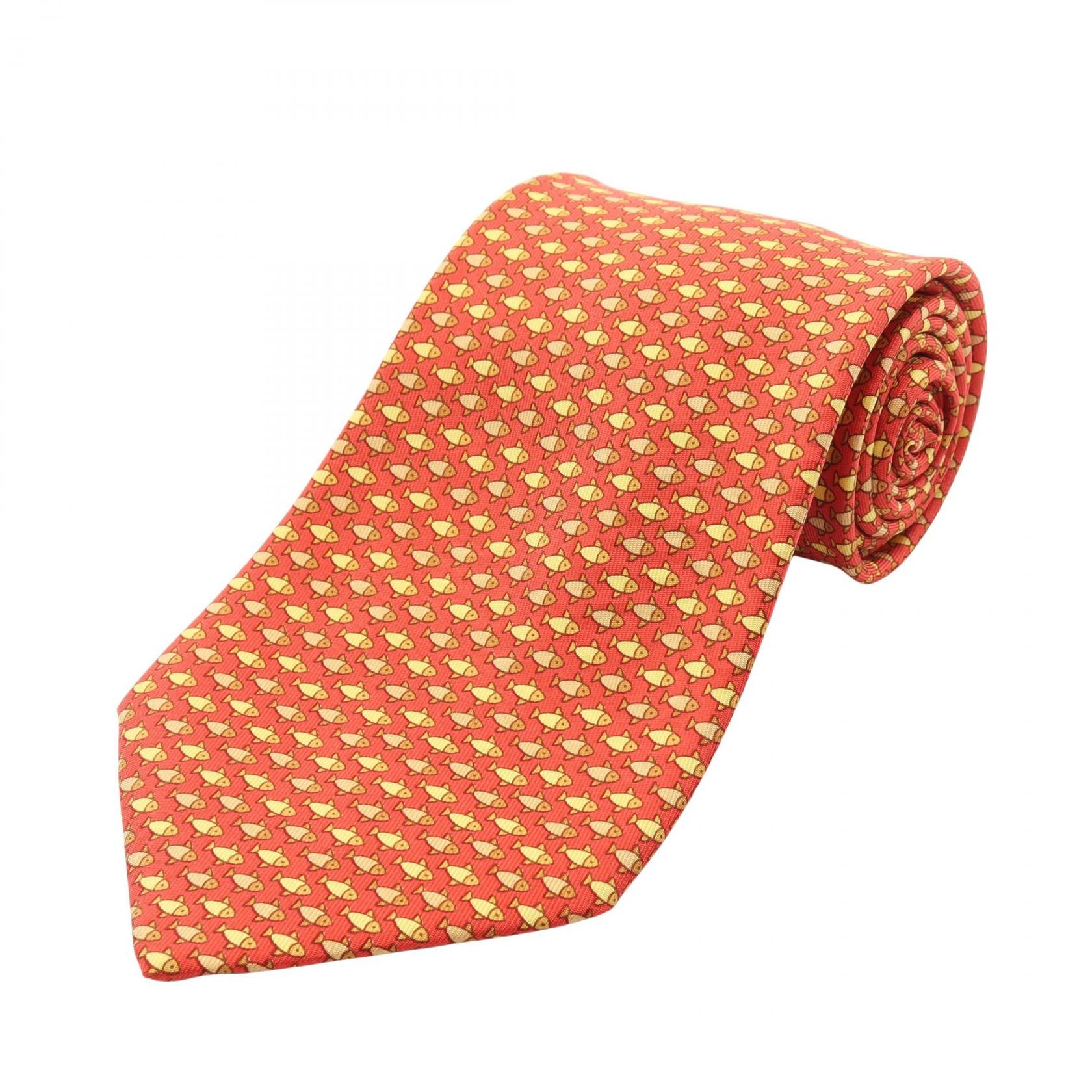 エルメス HERMES 魚 総柄 ネクタイ 衣料品 シルク シルク メンズ レッド系 / イエロー系 / マルチカラー 【中古】
