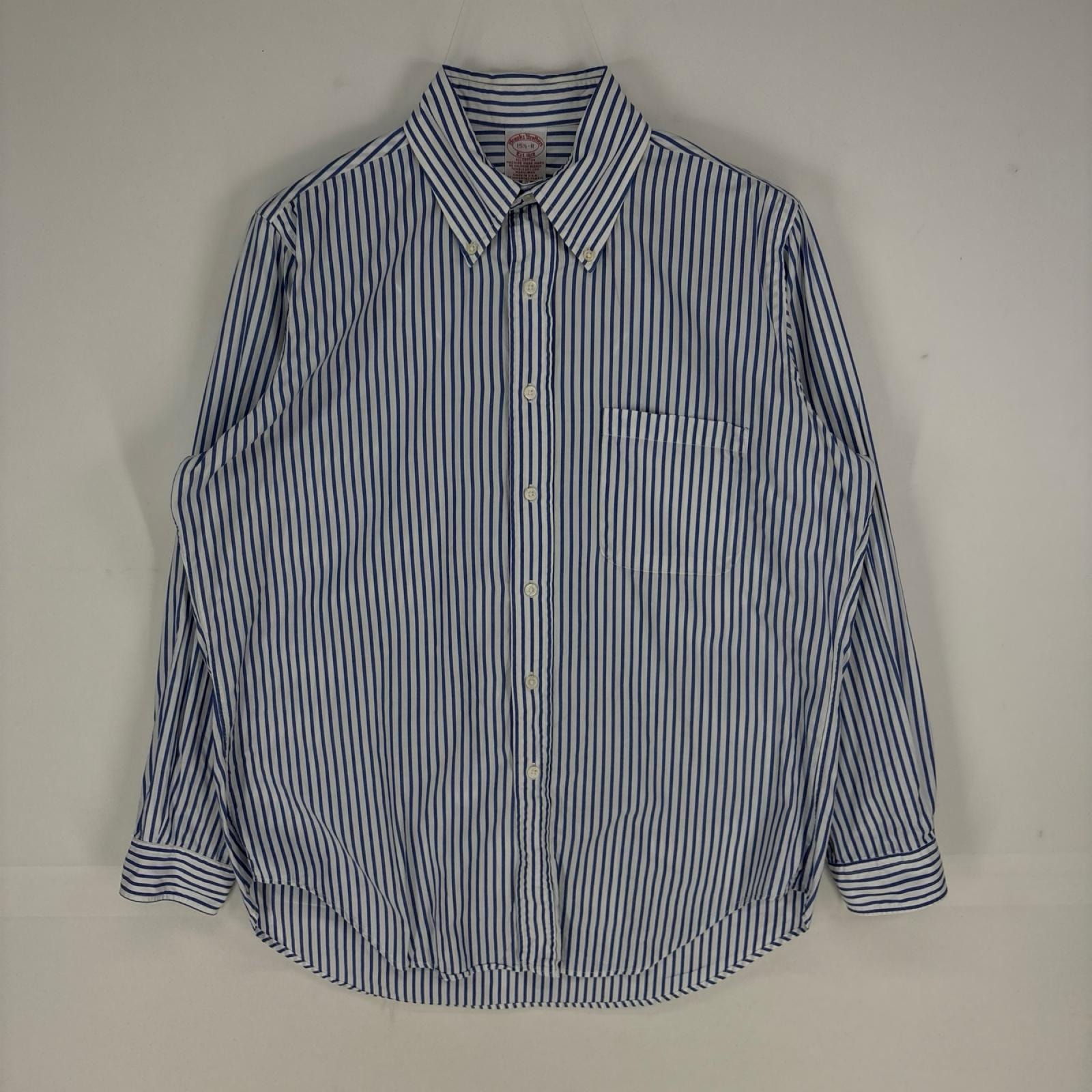 古着 ブルックスブラザーズ Brooks Brothers USA製 長袖シャツ 1818 ボタンダウン 胸ポケット M  ブルー系 ストライプ メンズ
