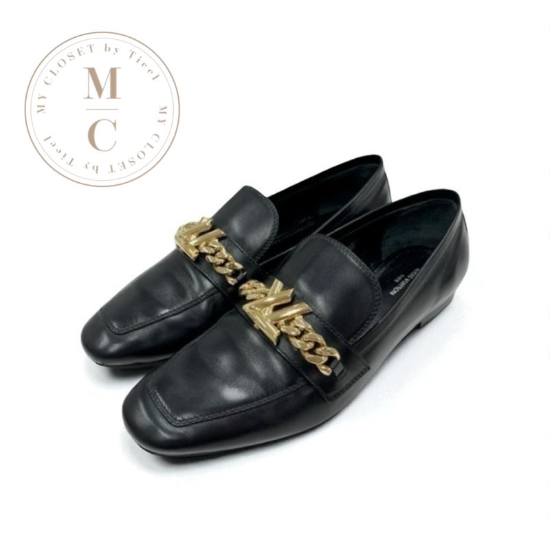 ルイヴィトン LOUIS VUITTON アッパーケースライン ローファー 革靴 靴 シューズ レザー ブラック 黒 ゴールド チェーン ロゴ フラットシューズ