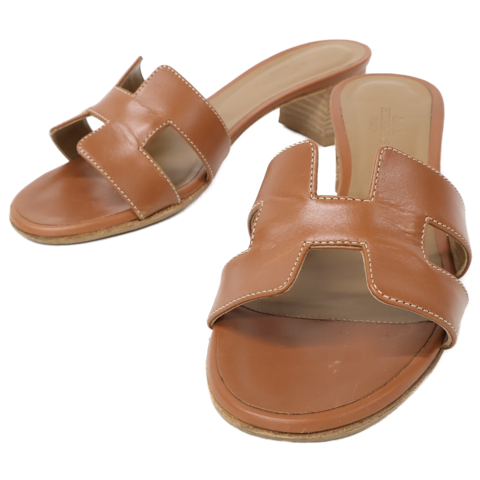 エルメス ブラウン ゴールド レザー オアジス ヒールサンダル 34 1/2