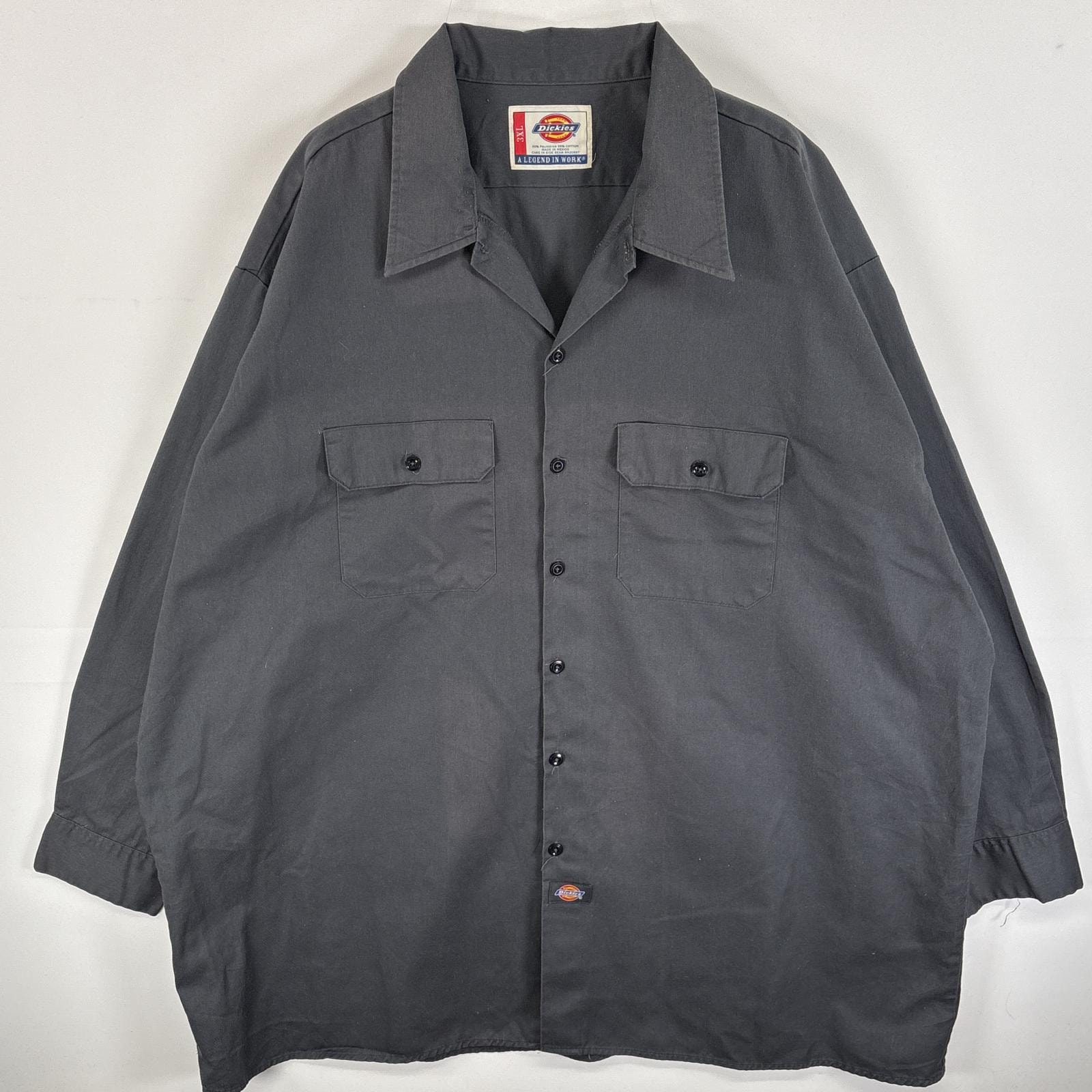 古着 ディッキーズ Dickies 長袖シャツ ワークシャツ 大きいサイズ フラップポケ 3XL グレー 無地 メンズ