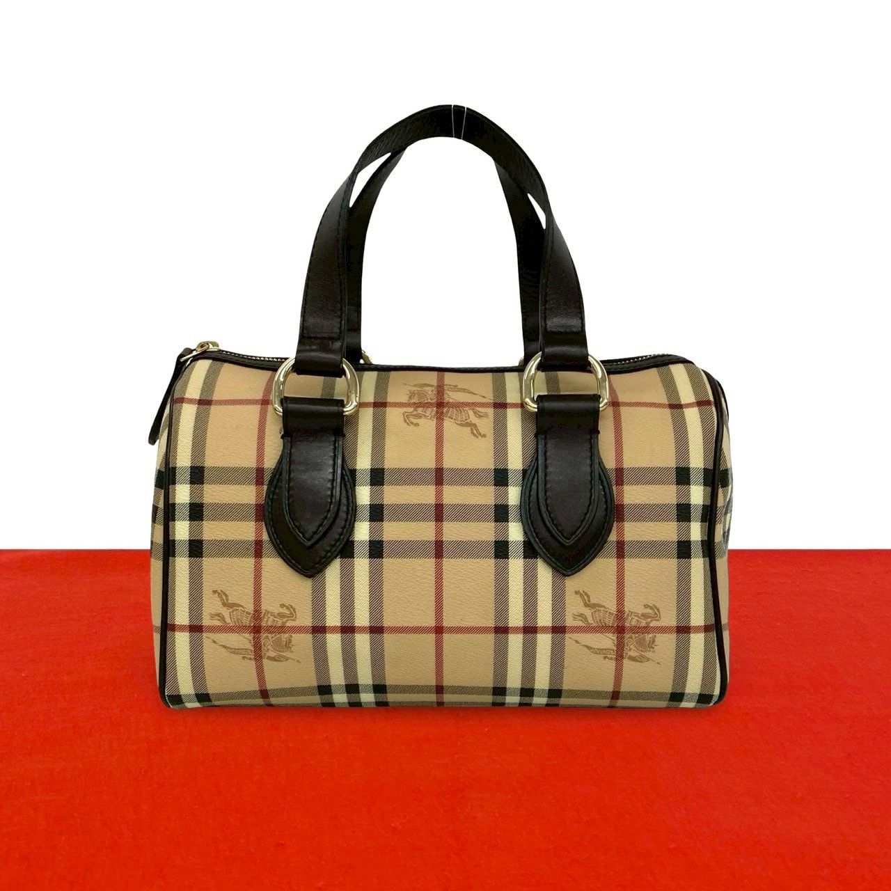 BURBERRY バーバリー ノバチェック シャドーホース PVC レザー ボストンバッグ ベージュ
 17318