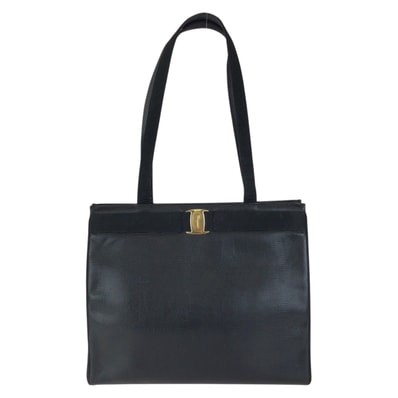 美品 Salvatore Ferragamo サルヴァトーレフェラガモ ヴァラ・リボン 型押し ブラック 黒 ゴールド金具 レザー ショルダーバッグ トートバッグ 604595 【中古】