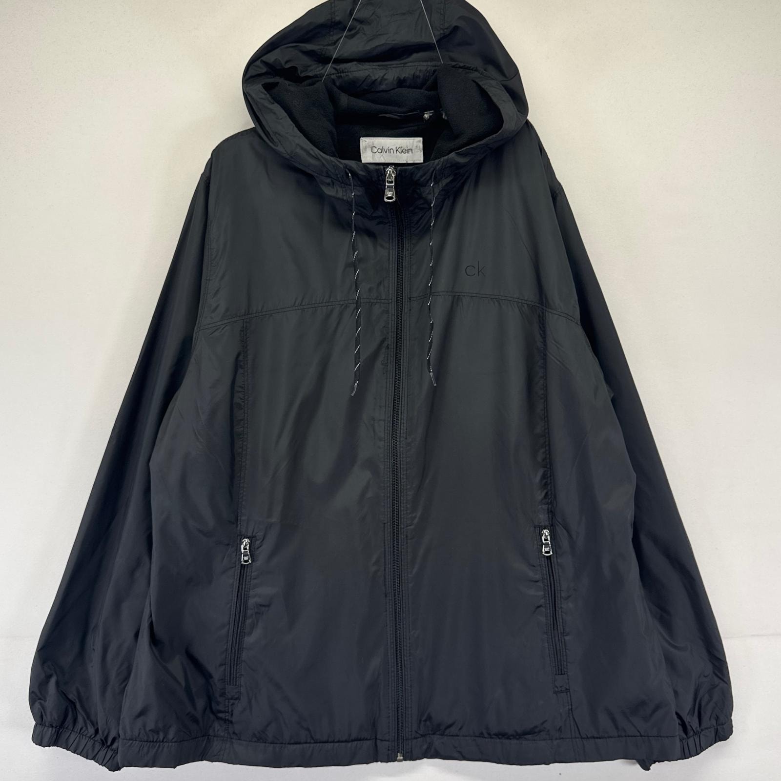 古着 カルバンクライン Calvin Klein ジャケット フルジップ 裏地セフリース フード ワンポイント 大きいサイズ XL  ブラック系 メンズ
