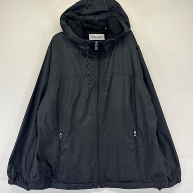 古着 カルバンクライン Calvin Klein ジャケット フルジップ 裏地セフリース フード ワンポイント 大きいサイズ XL ブラック系 メンズ