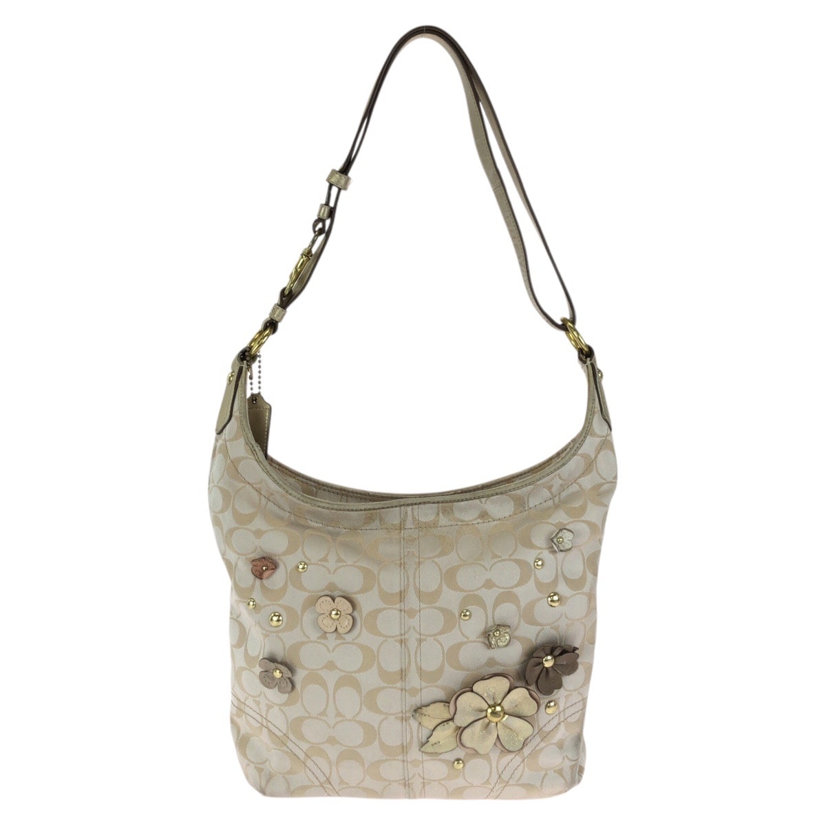 COACH コーチ シグネチャー フラワーアップリケ ベージュ ゴールド金具 キャンバス レザー/ ショルダーバッグ 602648 【中古】