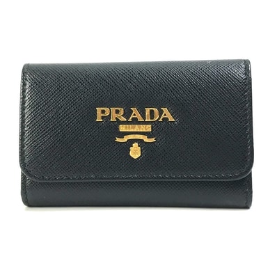 プラダ PRADA キーリング 1PG004 ロゴ マルチカラー 4連 キーケース サフィアーノレザ- ブラック×ピンク 美品