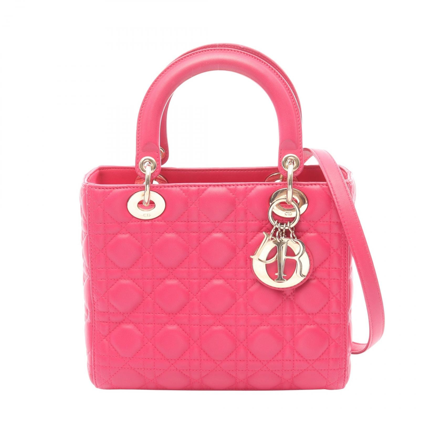ディオール Dior LADY DIOR ミディアム カナージュ 2WAY ハンドバッグ バッグ レザー レディース ピンク系 M0538O 【中古】