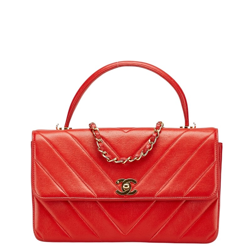 シャネル シェブロン V字ステッチ ココマーク ハンドバッグ ショルダーバッグ 2WAY レッド ラムスキン レディース CHANEL 【中古】
