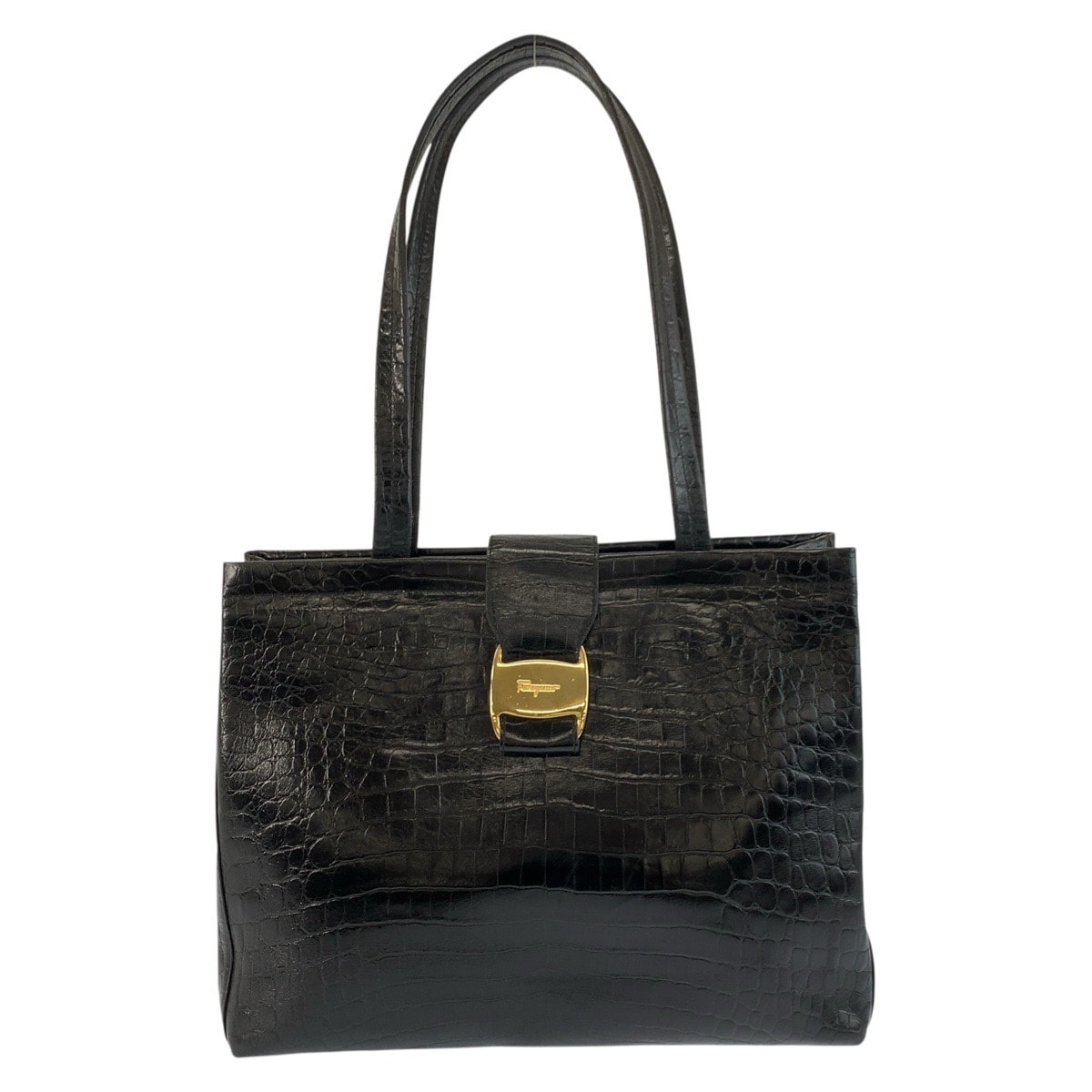 美品 Salvatore Ferragamo サルヴァトーレフェラガモ ヴァラ 型押し ブラック 黒 ゴールド金具 レザー トートバッグ ショルダーバッグ 603991 【中古】