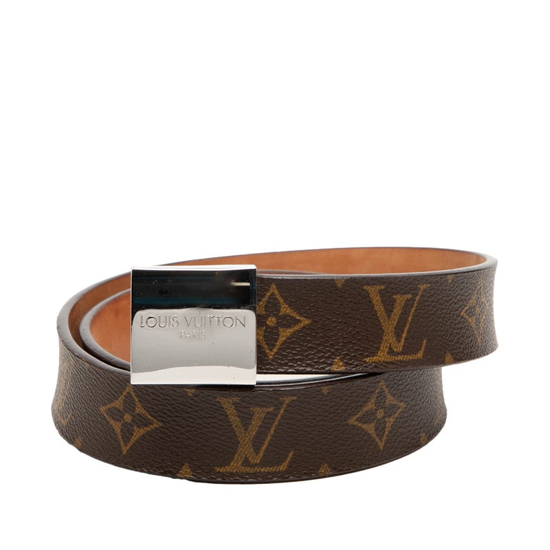 ルイ ヴィトン モノグラム サンチュール キャレ バックル ベルト M6801 ブラウン PVC レザー メンズ LOUIS VUITTON 中古