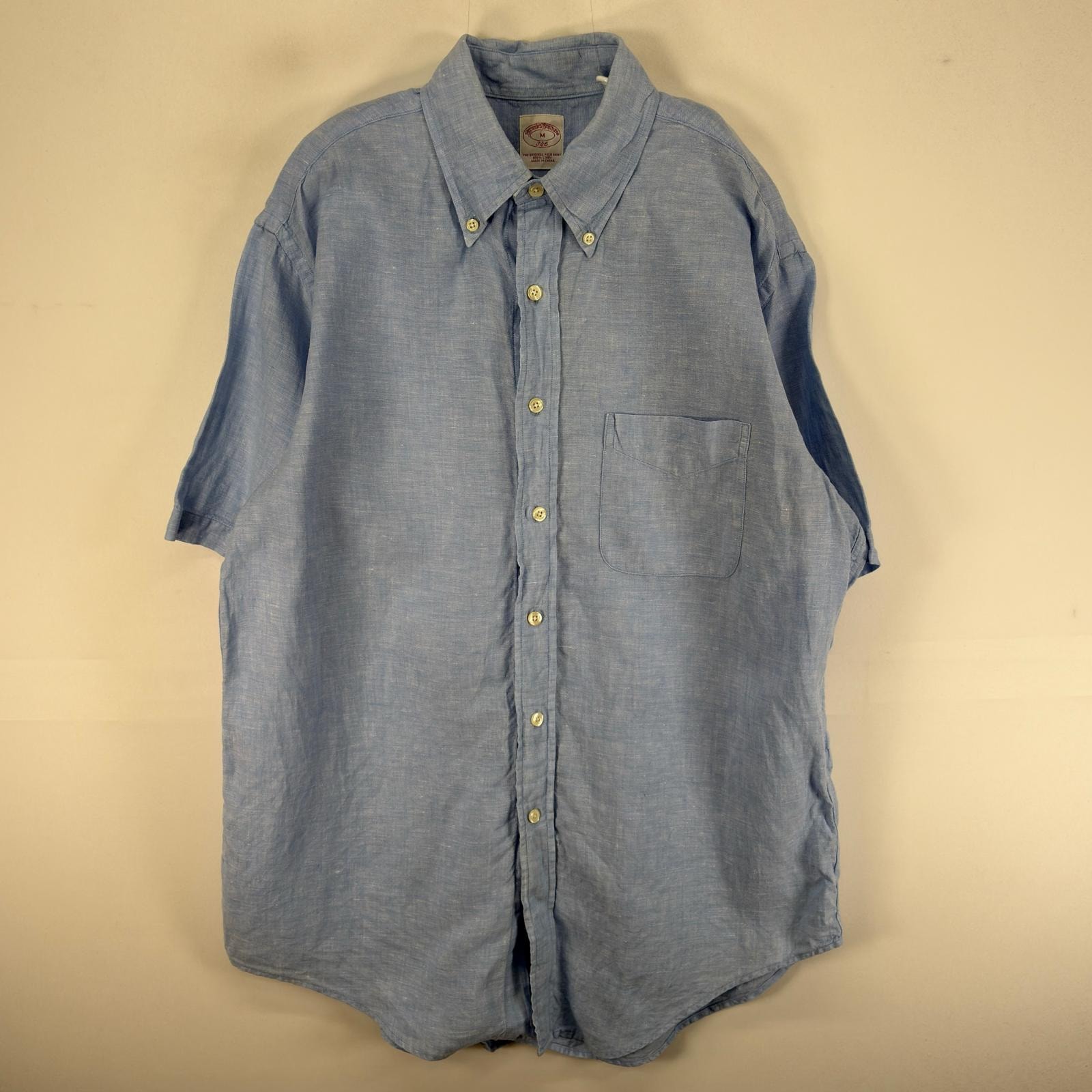 古着 ブルックスブラザーズ Brooks Brothers 半袖シャツ ボタンダウン リネン M 水色系 無地 メンズ
