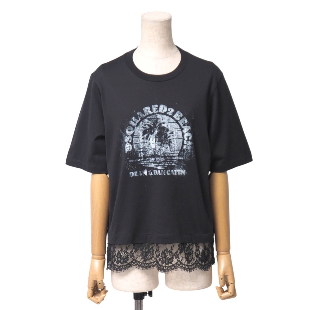 ■美品■2023SS■DSQUARED2 ディースクエアード Gothsunset Lace ゴスサンセット レース 半袖Tシャツ サイズXXS クルーネック ドッキング ショート クロップド イタリア製 ブランド古着【中古】20250806/RA5732