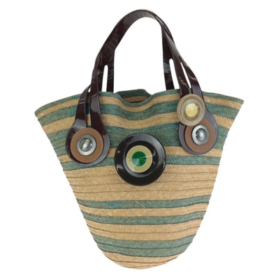 美品 MARNI マルニ ベージュ ライトブルー ストロー ハンドバッグ 602054 【中古】