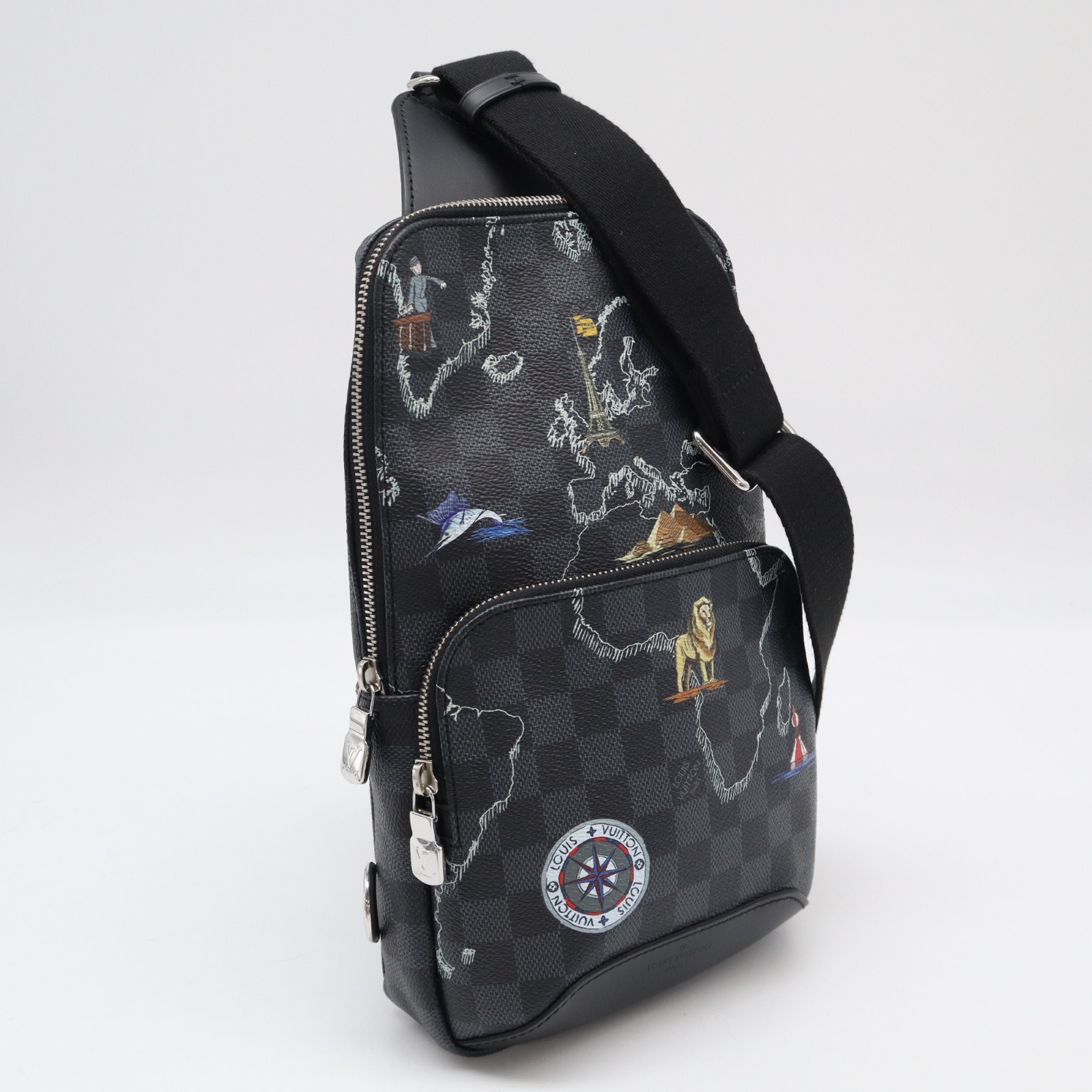 美品 LOUIS VUITTON ルイ・ヴィトン ダミエグラフィット アヴェニュー スリングバッグ N40237 ショルダーバッグ ブラック コーティングキャンバス レザー メンズ