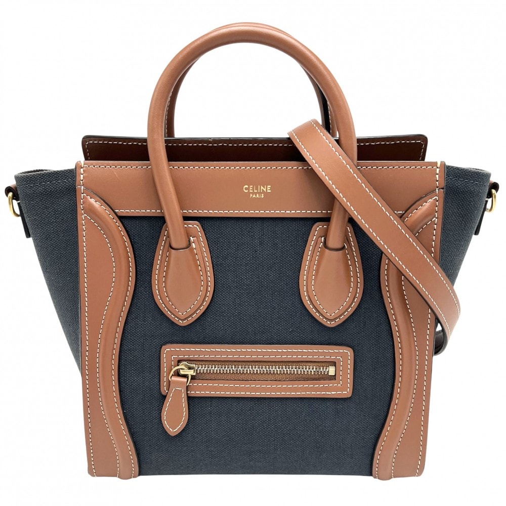 CELINE セリーヌ 2WAY ラゲージ ナノショッパー ハンドバッグ ショルダーバッグ 肩掛け 斜め掛け キャンバス  レザー   ネイビー 紺 ブラウン 茶 ゴールド金具 レディース【中古品】