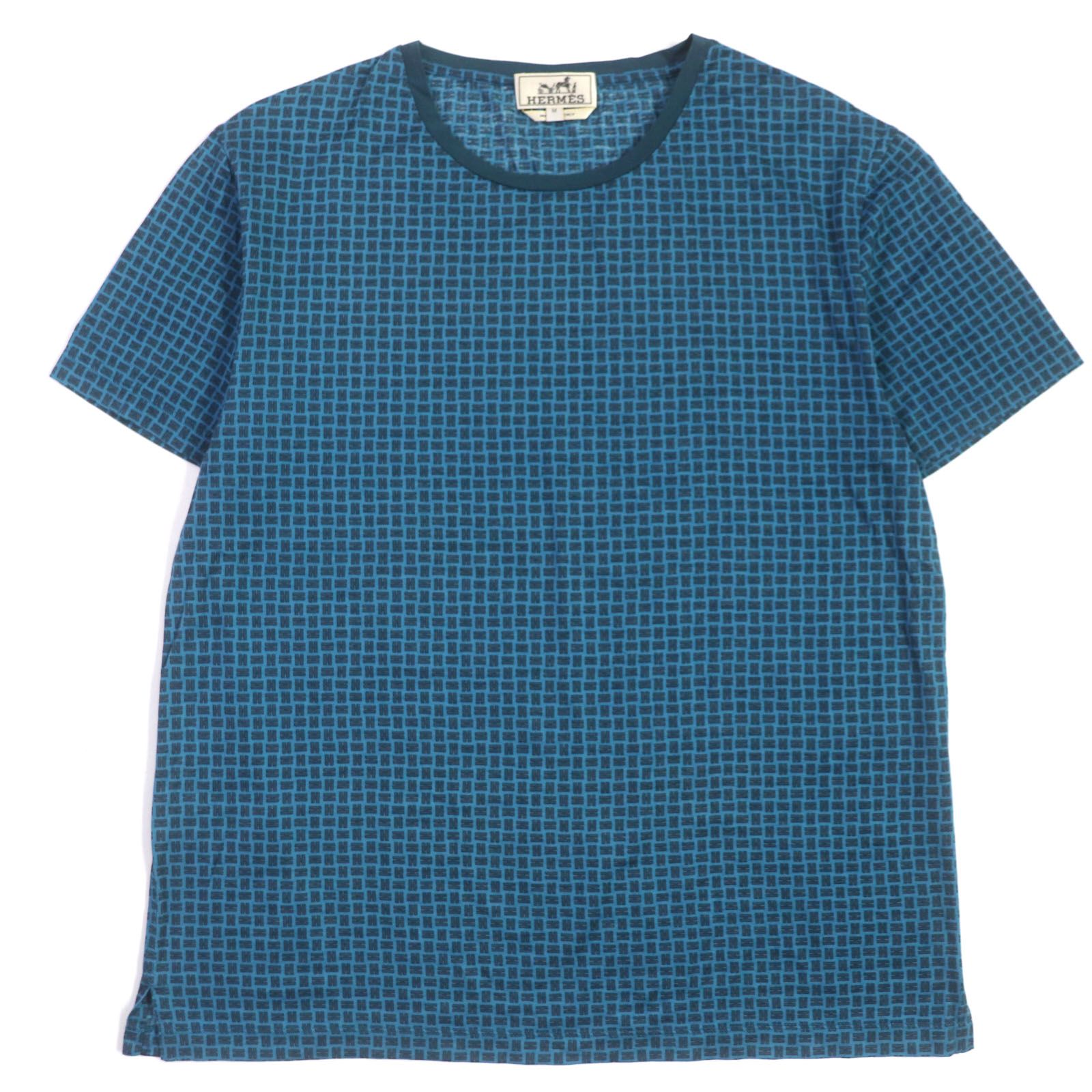 エルメス 半袖 Ｔシャツ Hロゴ総柄 ブルー系 クルーネック メンズ M