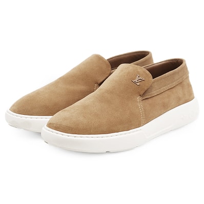 【美品】LOUIS VUITTON ルイ・ヴィトン パシフィックラインローファー スウェード シグネチャー ロゴ LV チャーム スリッポン シューズ 革靴 メンズ サイズ 9.5 ブラウン ホワイト 茶 白 イタリア製