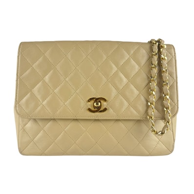 シャネル CHANEL ショルダーバッグ ラムスキン ベージュ ゴールド レディース【中古】 z9582