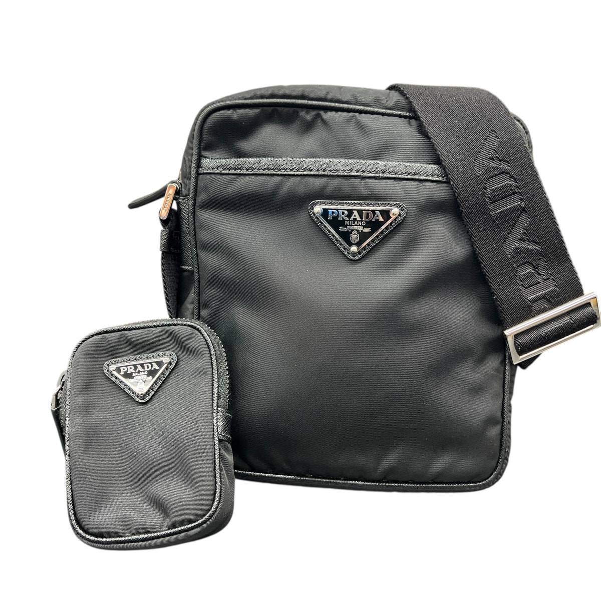PRADA 極美品 PRADA Re-Nylon リナイロン サフィアーノレザー ショルダーバッグ 2VH112 ICチップ ナイロン レザー ブラック クロスボディ ポシェット ポーチ付属 Aランク 中古 鑑定済 プラダバッグ