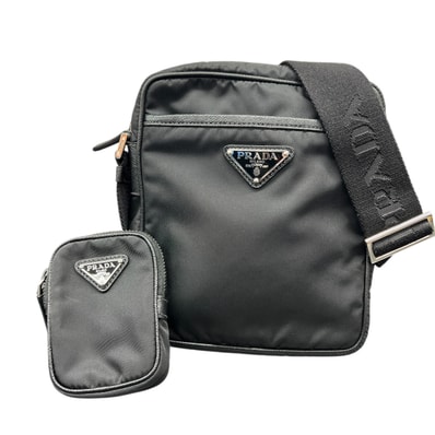 PRADA 極美品 PRADA Re-Nylon リナイロン サフィアーノレザー ショルダーバッグ 2VH112 ICチップ ナイロン レザー ブラック クロスボディ ポシェット ポーチ付属 Aランク 中古 鑑定済 プラダバッグ