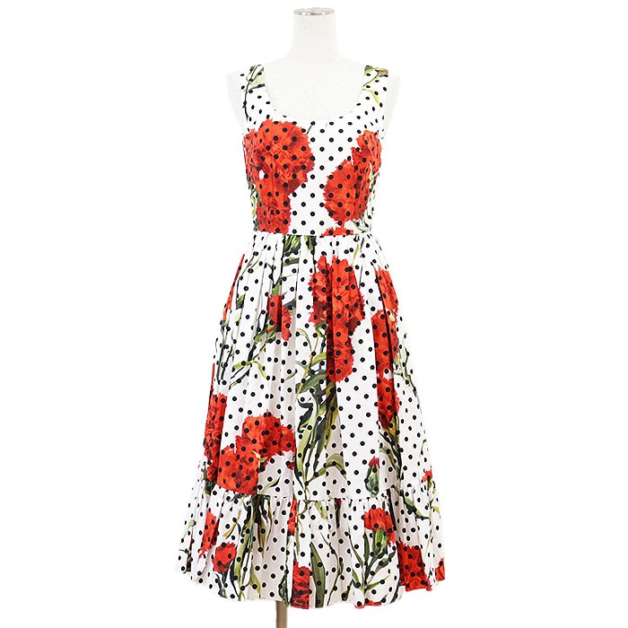 【新品同様】DOLCE&GABBANA ドルチェアンドガッバーナ ノースリーブワンピース レディース サイズ 38 フラワー フローラル 花柄  ドット プリーツ コットン100% ポプリン ドレス ホワイト レッド 白 赤 イタリア製