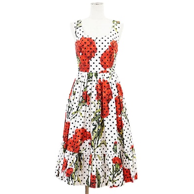 【新品同様】DOLCE&GABBANA ドルチェアンドガッバーナ ノースリーブワンピース レディース サイズ 38 フラワー フローラル 花柄 ドット プリーツ コットン100% ポプリン ドレス ホワイト レッド 白 赤 イタリア製