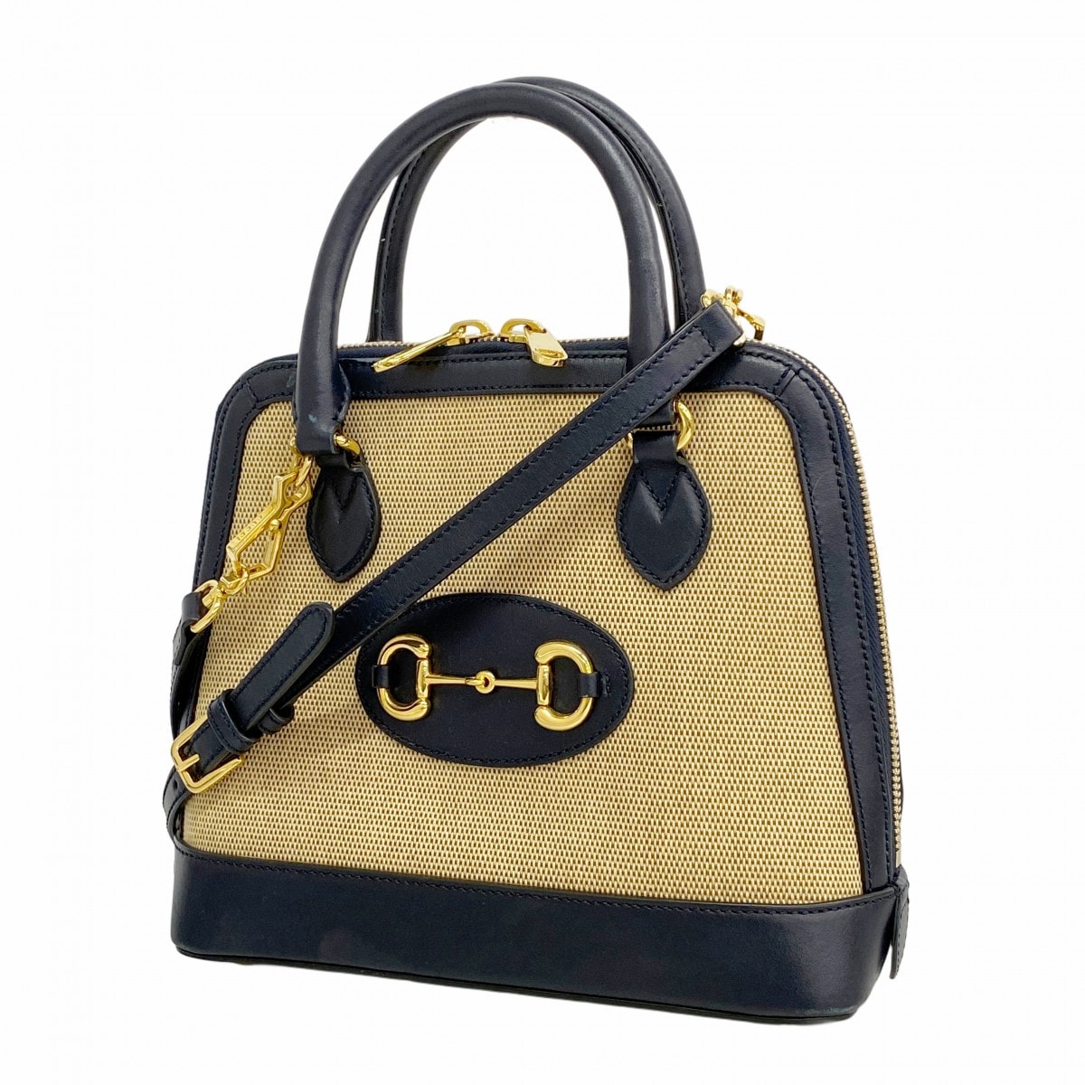 【6db1328-k】グッチ ハンドバッグ ホースビット 621220 キャンバス ベージュ ネイビー ゴールド金具 2wayバッグ【中古】レディース