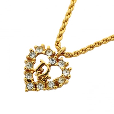 【6jdb0102-k】クリスチャンディオール ネックレス ディオールロゴ ハートモチーフ GPメッキ ラインストーン ゴールド【中古】レディース