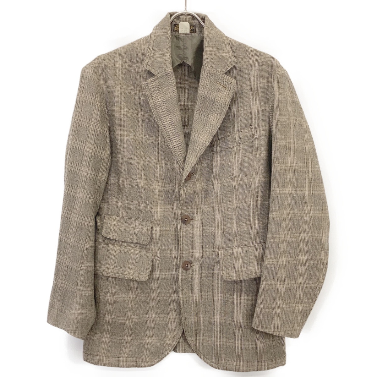 ダブルアールエル 782959749001 グレージュ ウール センターベント グレンチェック 4Bテーラードジャケット XS
