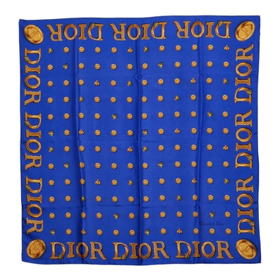 ディオール ロゴ ボタン柄 スカーフ 大判 ブルー ゴールド シルク レディース Dior 【中古】