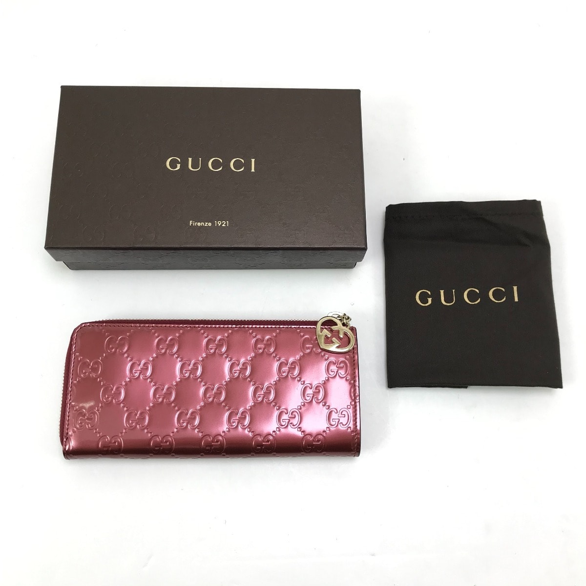 $$ GUCCI グッチ L字ジップ長財布 295671 メタルピンクレッド系