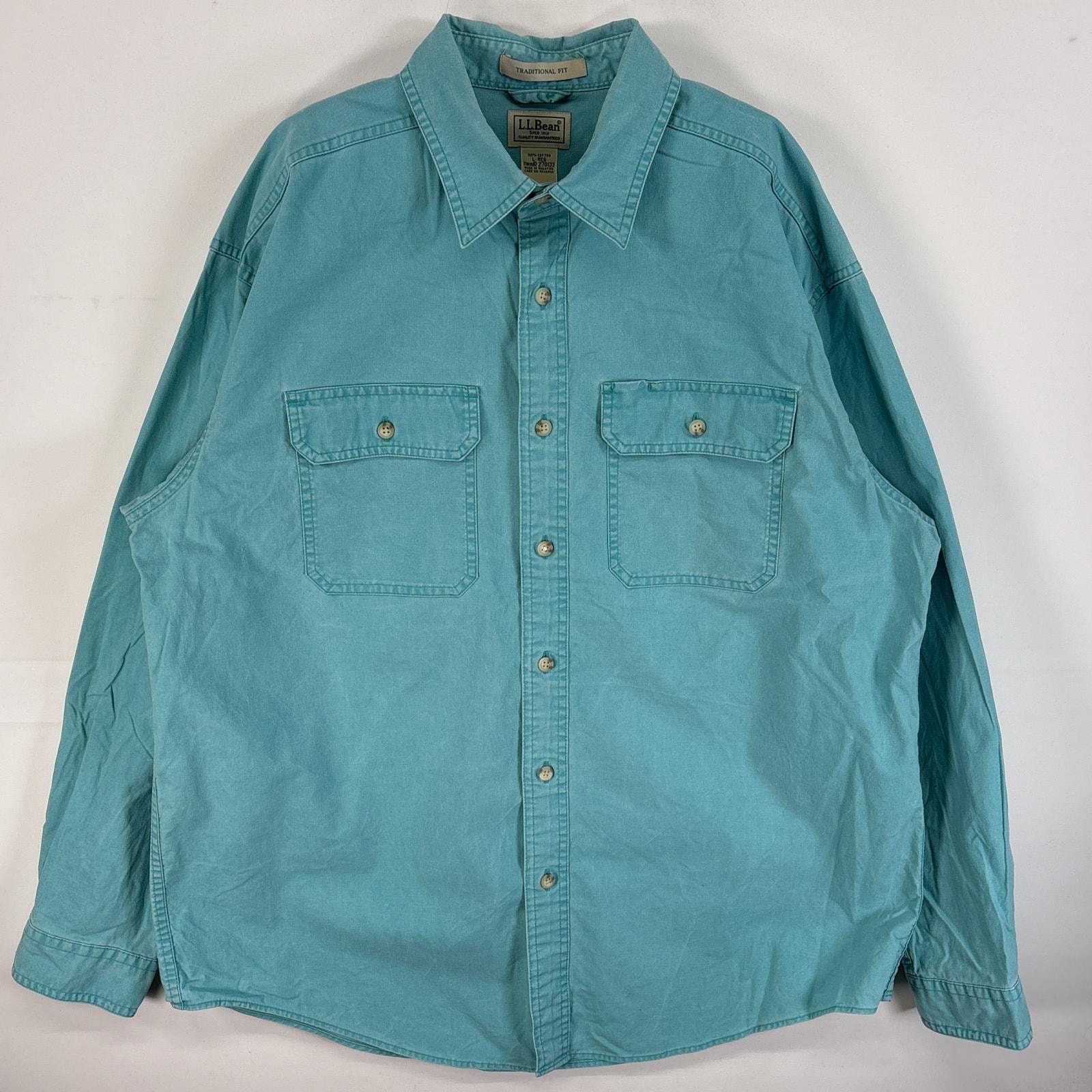 古着 エルエルビーン L.L.Bean 長袖シャツ 肉厚 フラップポケ カラーシャツ L-REG  水色系 無地 メンズ