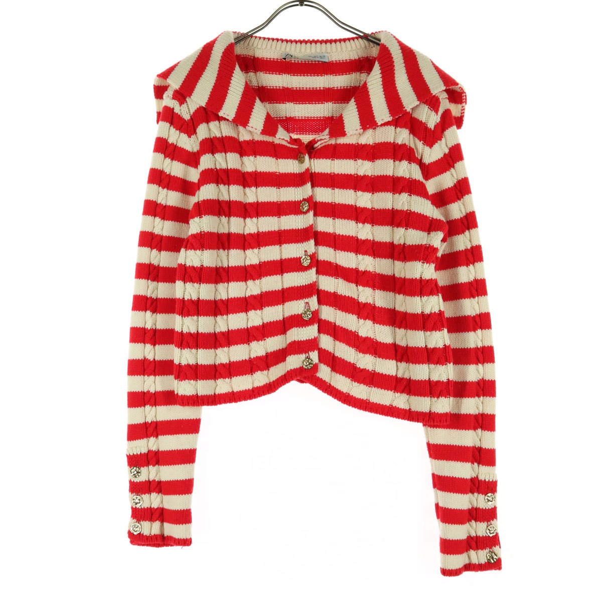 美品 ZARA ザラ ボーダー柄 長袖 ニットカーディガン L レッド