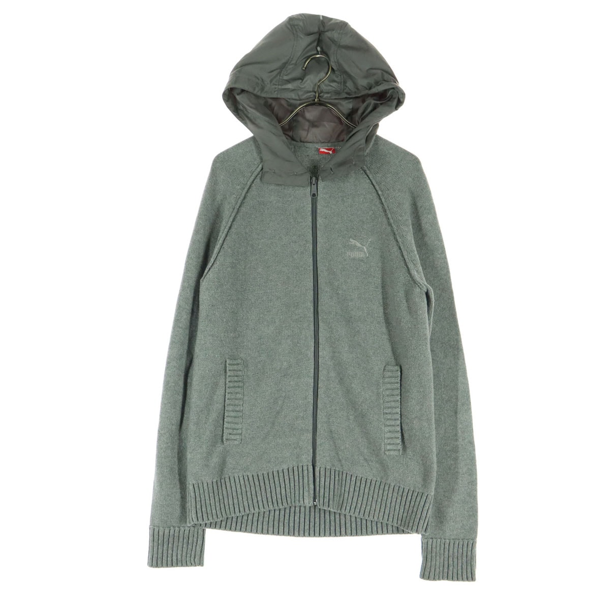 美品 PUMA プーマ ロゴ刺繍 長袖 コットンニット ジップパーカー M グレー
