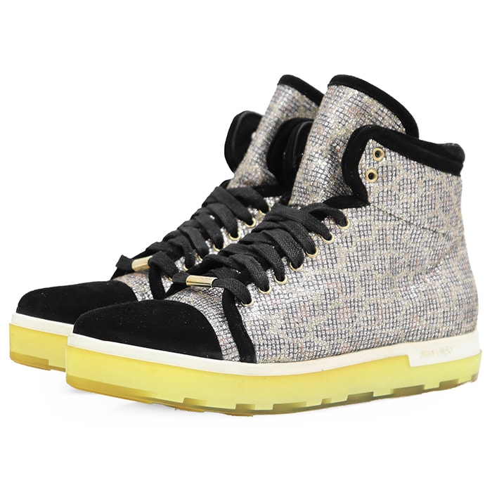 【SALE】JIMMY CHOO ジミーチュウ ハイカットスニーカー サイズ 37 レディース レオパード グリッター × スウェード ロゴ ゴールドパーツ ポインテッドトゥ クリアソール シューズ 靴 シルバー ブラック イエロー 黒 黄 銀色 スペイン製