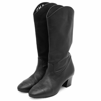 CHANEL シャネル ブーツ サイズ 36 レディース G36273 グレインレザー COCOマーク ステッチ エンブロイダリー ラウンドトゥ ミドルヒール シューズ 靴 箱・袋付属 ブラック 黒 イタリア製