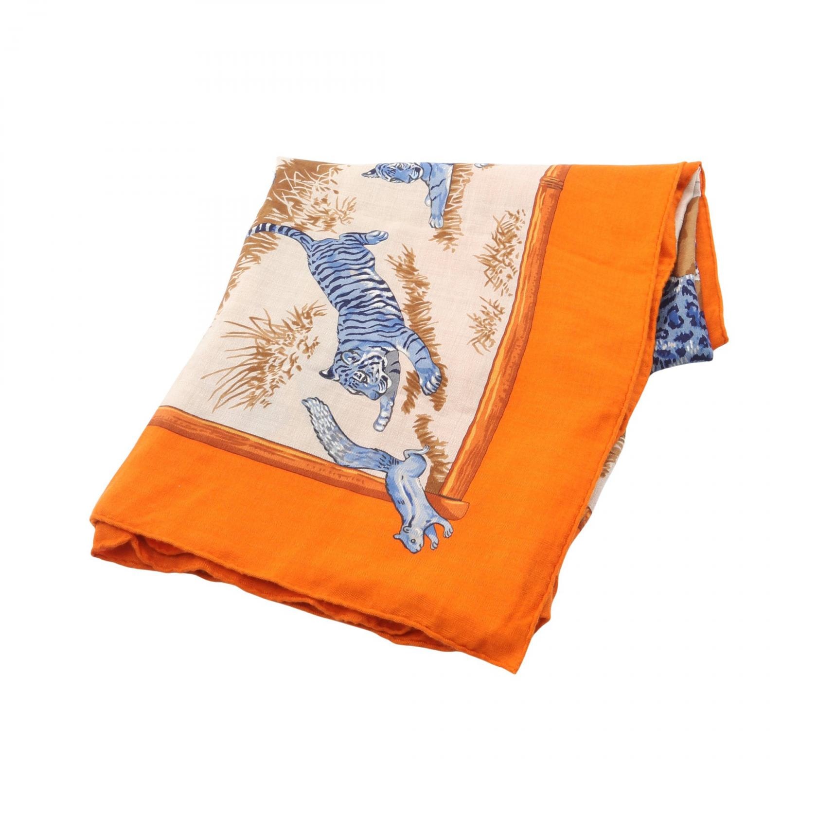 エルメス HERMES カレジェアン カレ140 TENDRESSE FELINE スカーフ 衣料品 シルク カシミヤ シルク オレンジ レディース オレンジ系 / ベージュ系 / マルチカラー 【中古】
